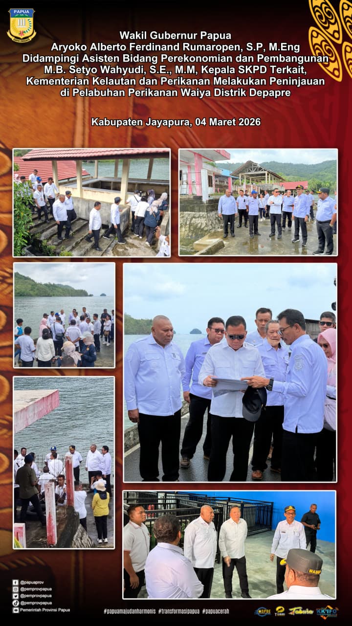Wakil Gubernur Papua Aryoko Alberto Ferdinan Rumaropen, S.P., M.Eng didampingi Asisten Bidang Perekonomian dan Pembangunan M.B. Setyo Wahyudi, S.E., M.M Kepala SKPD Terkait Kementrian Kelautan dan perikanan melakukan peninjauan di Pelabuhan Perikanan waiy